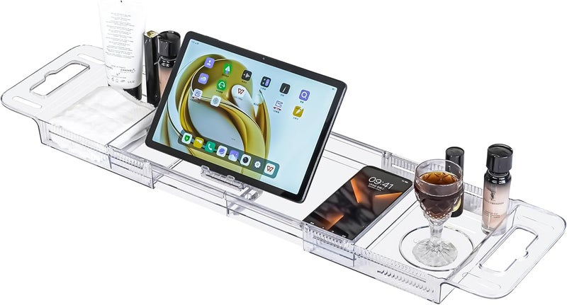 BERGFBV Expandable Bathtub Tray (22-31") - Transparent Bath Caddy with Non-Slip Pads, Adjustable Spa Table for Wine, Books & Phone, Perfect Housewarming for Women - Image 1